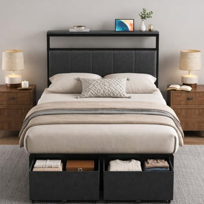 Twin Bed Frame, Upholstered Platform Bed with Storage Drawers, Headboard Storage Shelf, Noise Free, Metal Support, No Box Spring Needed, Easy Assembly, Gray
