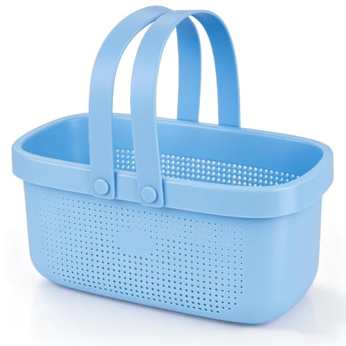 Portable Shower Caddy Basket with Handles Plastic Storage Basket Blue | Sturdy Drainage Large Capacity Organizer Basket with Silicone Handles for Bathroom Kitchen Bedroom College Dorm Essentials - color: Blue, size: Large