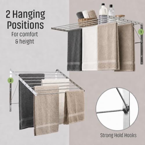 | Wall Mounted | Clothes Drying Rack | 30" Wide | 20 Linear Feet Capacity | 8 Smooth Round Stainless Steel Rods | 60 lb Capacity | Fully Assembled | Compact Sturdy Space-Saving Design - size: 30 inches