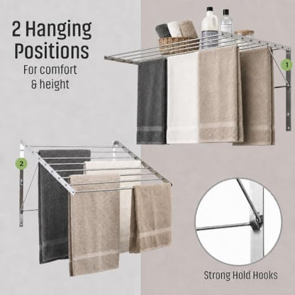 | Wall Mounted | Clothes Drying Rack | 30" Wide | 20 Linear Feet Capacity | 8 Smooth Round Stainless Steel Rods | 60 lb Capacity | Fully Assembled | Compact Sturdy Space-Saving Design - size: 30 inches