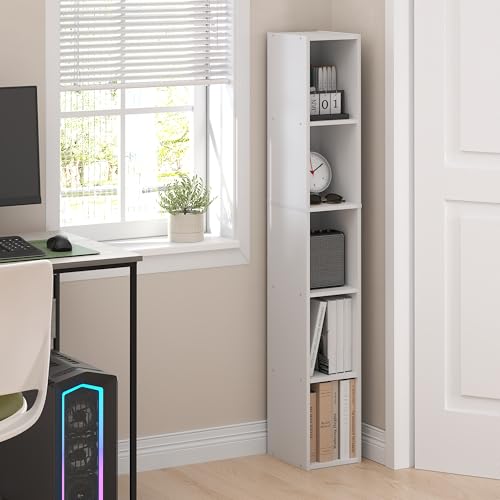 Furinno Fulda Book Shelf, 5-Tier Tall Narrow Bookshelf, Standing Bookcase with 8-in Width Storage Shelf, 9.3 x 7.9 x 51.9, for Organization Storage, for Living Room, Bedroom, Home Office, White - color: White, size: 5-Tier, 8W