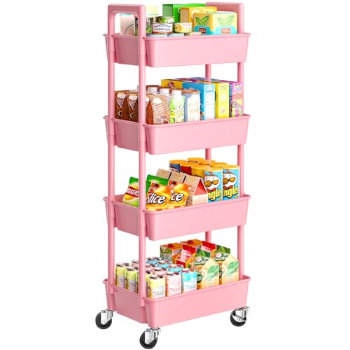Pipishell 4 Tier Rolling Cart Organizer, Plastic Rolling Cart with Lockable Wheels & Reinforced Handle, Lightweight Utility Storage Cart for Nursery, Kitchen, Craft Room, Pink - color: Pink, size: 4-Tier
