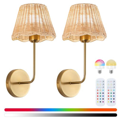 Battery Operated Wall Sconces Set of 2, Rattan Shade, Gold, 18.5in | Wireless, RGB Rechargeable Dimmable, Boho Style, For Bedroom, Living Room, Hallway, Bulbs Included - color: Gold 18.5in