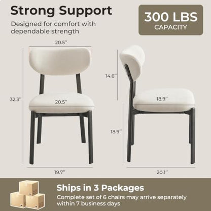 Dining Chairs Set of 6, Modern Upholstered Fabric Kitchen Chairs | Textured Fabric, Curved Back, Upholstered Seat, Metal Frame, Dining Room, Kitchen, Breakfast Nook, Restaurant, Beige - color: Beige, size: Set of 6