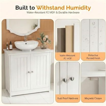 Bonnlo Pedestal Sink Storage Cabinet with 2 Doors Traditional Under Sink Cabinet Bathroom Space Saver Organizer with Adjustable Shelf White 23 5/8" W x 11 7/16" D x 23 5/8" H - color: White