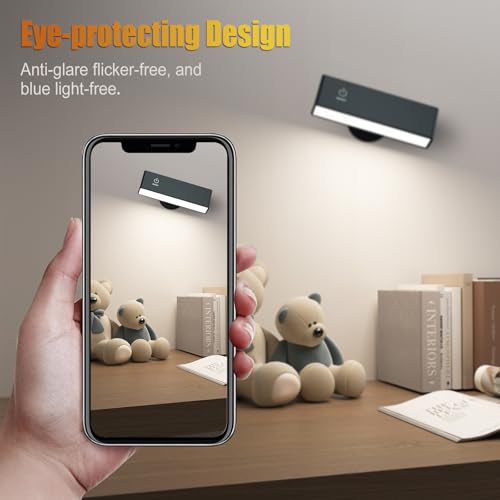 Wireless Wall Sconces 2 Pack, Rechargeable Reading Light for Bed Dimmable | Adhesive Wall Lights for Bedroom with Magnetic & 360 Rotation, Peel and Stick Lights for Wall Bedside, Reading - color: Black