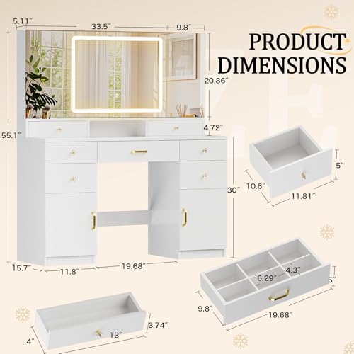 COMHOMA Vanity Desk with 3 Way Mirror and Lights, Large Makeup Vanity Table Set with Charging Station, 3 Lighting Modes & 360° View Mirror, 7 Drawers Dressing Table for Women Girls Bedroom, White - size: 7 Drawers