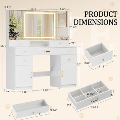 COMHOMA Vanity Desk with 3 Way Mirror and Lights, Large Makeup Vanity Table Set with Charging Station, 3 Lighting Modes & 360° View Mirror, 7 Drawers Dressing Table for Women Girls Bedroom, White - size: 7 Drawers