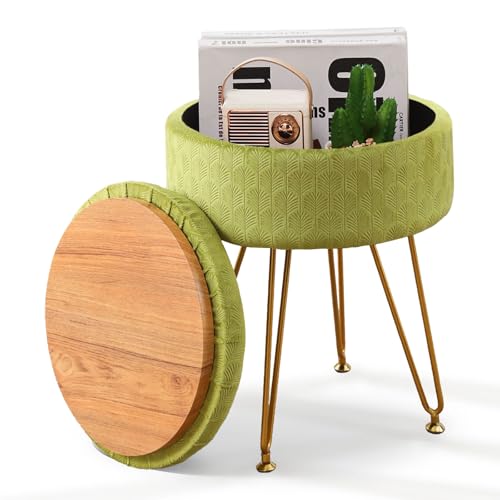 Cpintltr Velvet Storage Ottoman Round Footrest Stool Multifunctional Upholstered Ottoman Modern Accent Vanity Stools Tray Top Coffee Table Suitable for Living Room Bedroom Entryway Macha Green - color: Macha Green