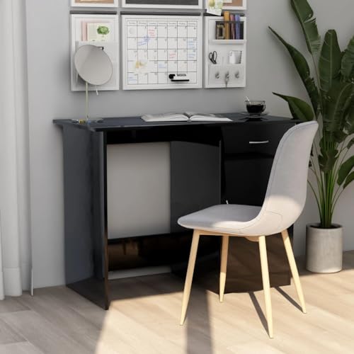 Writing Desk High Gloss Black 39.4 Inch Modern Computer Desk with Drawer, Engineered Wood Study Table for Home Office, Bedroom and Small Space, 39.4x19.7x29.9 in - color: Black, size: 39.4 x 19.7 x 29.9 in