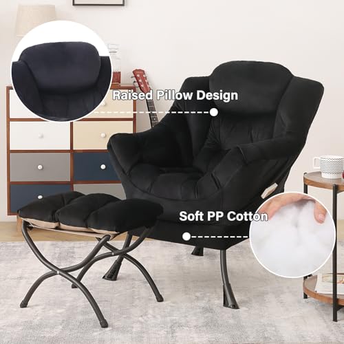 Lazy Chair with Ottoman, Comfy Reading Accent Chair, Velvet Black | Foldable Footrest, Padded Seat and Backrest, Side Pocket for Lounging in Living Rooms, Bedrooms, Dorms and Small Spaces - color: Black