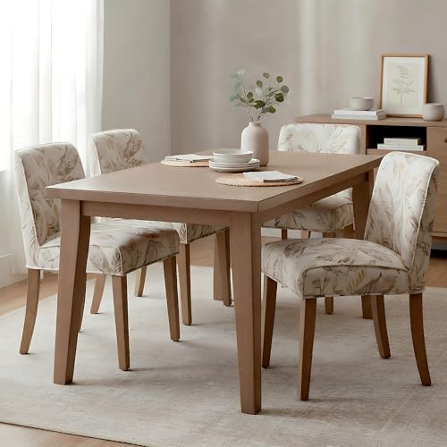 Mid-Century Dining Chairs Set of 4, Linen Fabric Floral Pattern Kitchen Chairs with Walnut Wood Leg Cushioned Back Modern Rustic Side Chairs for Living Room/Kitchen/Dining/Restaurant - color: Linen- Beige Pattern, size: 4 Chairs