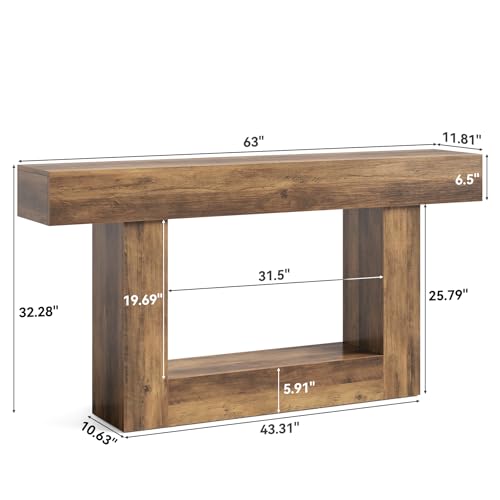 LITTLE TREE 63 Inches Long Console Table, 2-Tier Farmhouse Sofa Table Behind Couch, Large Narrow Entryway Table for Living Room, Wooden Hallway Foyer Table with Heavy Duty Base, Rustic Brown - color: Rustic Brown