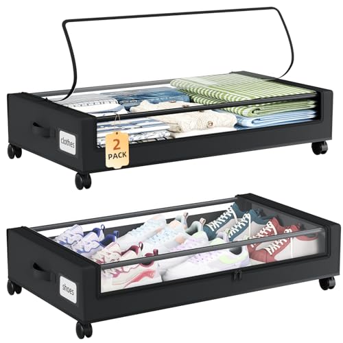 Somdot Under Bed Storage with Wheels, 2 Pack Under Bed Storage Containers | Underbed Shoe Storage Organizer with Clear Lids, Rolling Under The Bed Storage for Clothes, Blankets, Toys, Black - color: Black