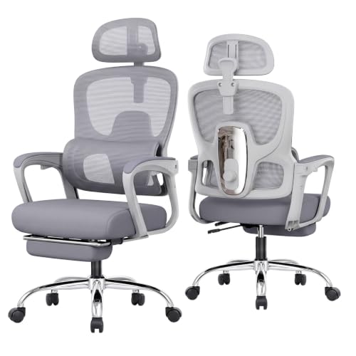 Ergonomic Office Chair with Footrest, 90-145° Reclining Desk Chair with Adjustable Lumbar Support & Headrest, High Back Mesh Computer Chair for Home Office/Gaming, 350lbs Capacity - color: Grey