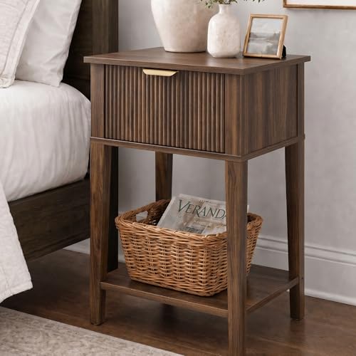 Dark Walnut 15.4" Wide Small Nightstand with Drawer,Open Shelf,Fluted | Deep wood tone, ribbed fluted front, 11.8-inch slim depth, concealed storage, styled for bedside, sofa side, or chair side - color: Dark Walnut