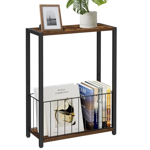 Homleke Narrow Side Table with Magazine Holder, Skinny End Table | Space-Saving Design, Small Spaces, Storage Shelf, Metal Frame, Easy Assembly, 7.1" D x 16.9" W x 23.6" H, Rustic Brown - color: Rustic Brown - Standard
