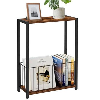 Homleke Narrow Side Table with Magazine Holder, Skinny End Table | Space-Saving Design, Small Spaces, Storage Shelf, Metal Frame, Easy Assembly, 7.1" D x 16.9" W x 23.6" H, Rustic Brown - color: Rustic Brown - Standard