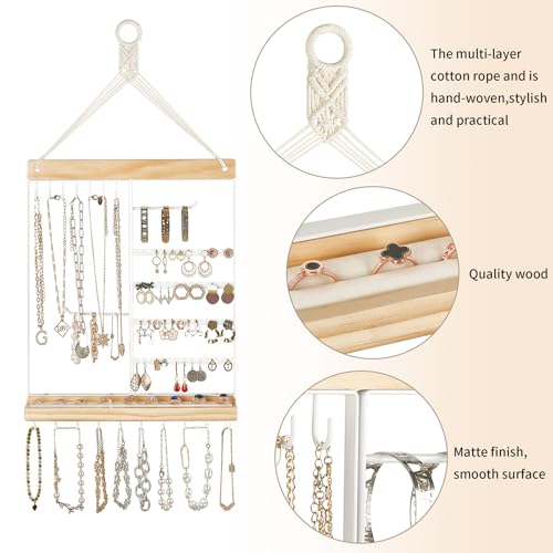 Mkono Hanging Wall Jewelry Organizer, Necklace Earring Holder Display Shelf | Boho Style, Wood Storage Rack, for Bracelets Rings Studs, Easy to Install, Large Capacity, Western Bedroom Decor,Gift Idea