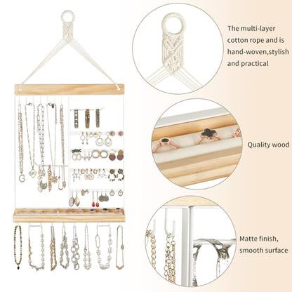Mkono Hanging Wall Jewelry Organizer, Necklace Earring Holder Display Shelf | Boho Style, Wood Storage Rack, for Bracelets Rings Studs, Easy to Install, Large Capacity, Western Bedroom Decor,Gift Idea