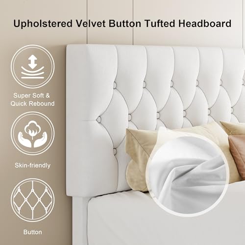 Feonase King Size Velvet Platform Bed Frame, Upholstered Bed with Button Tufted Headboard, Sturdy Wooden Slats & Heavy Duty Feet, No Box Spring Needed, Noise-Free, Easy Assembly, White - color: White, size: King