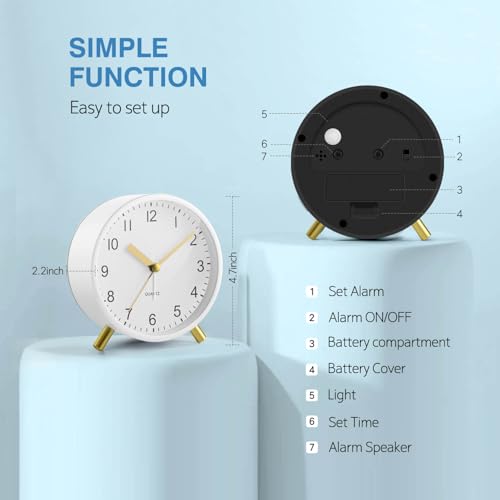 Back to School Silent Analog Quartz Alarm Clock for Kids Bedroom,Night Light, Battery Operated, Fashionable Round Metal - color: White