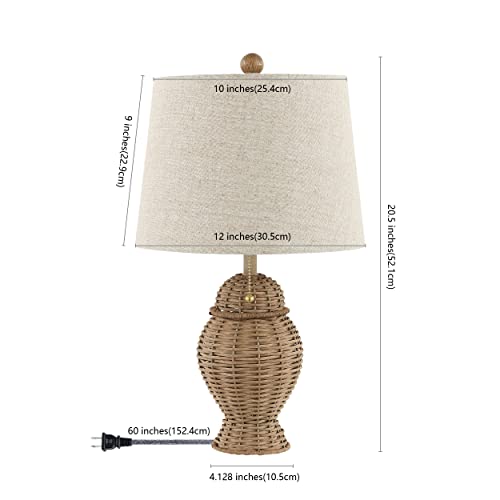 JONATHAN Y 20.5" Wicker Table Lamp, Natural with Beige Shade, Set of 2 | Margie Bohemian Rustic Farmhouse Coastal Urn Rattan Metal, Pull Chain Switch, Linen, LED Bulbs Included - color: Natural