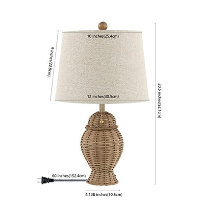 JONATHAN Y 20.5" Wicker Table Lamp, Natural with Beige Shade, Set of 2 | Margie Bohemian Rustic Farmhouse Coastal Urn Rattan Metal, Pull Chain Switch, Linen, LED Bulbs Included - color: Natural
