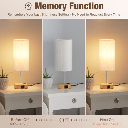 Touch Bedside Table Lamp for Bedroom, Stepless Dimmable, USB A+C, AC Outlet | Base Touch Button Only, Memory Brightness, Ultra-dim Night Light, Included Bulb for Optimal Dimming, Wood Grain Base, Nursery - color: Beige & Wood Grain