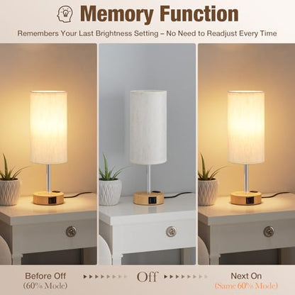 Touch Bedside Table Lamp for Bedroom, Stepless Dimmable, USB A+C, AC Outlet | Base Touch Button Only, Memory Brightness, Ultra-dim Night Light, Included Bulb for Optimal Dimming, Wood Grain Base, Nursery - color: Beige & Wood Grain