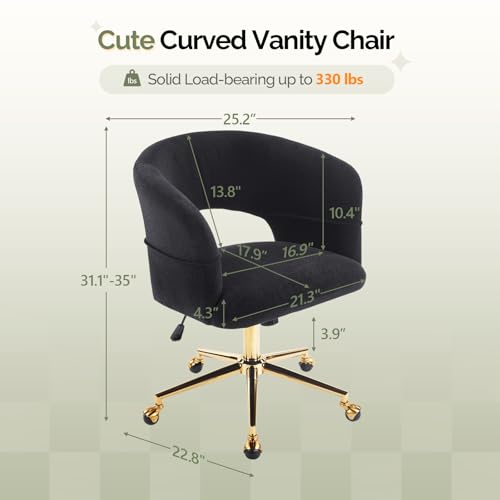 VINGLI Modern Curved Office & Vanity Desk Chair, Cute Upholstered Nail Chair with Wheels & 360° Swivel & Club & Tilting & Gold Base, for Bedroom, Living Room, Makeup, Velvet Chenille, Black - color: Black
