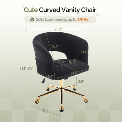 VINGLI Modern Curved Office & Vanity Desk Chair, Cute Upholstered Nail Chair with Wheels & 360° Swivel & Club & Tilting & Gold Base, for Bedroom, Living Room, Makeup, Velvet Chenille, Black - color: Black