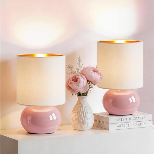 Hamucd Ceramic Table Lamps Set of 2, Modern Classic Bedside Lamps for Nightstand, Small Table Lamp for Bedroom Living Room Desk End Table (Pink) - color: Pink