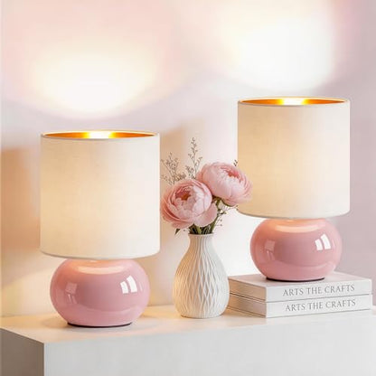 Hamucd Ceramic Table Lamps Set of 2, Modern Classic Bedside Lamps for Nightstand, Small Table Lamp for Bedroom Living Room Desk End Table (Pink) - color: Pink