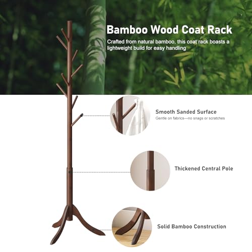 kiplant Bamboo Wood Coat Rack Stand, Freestanding Coat Tree with 8 Hooks, Hallway Entryway Hat Hanger Organizer Standing for Bedroom, Office, Clothes, Jackets, Bags, Umbrallas - color: Brown