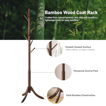 kiplant Bamboo Wood Coat Rack Stand, Freestanding Coat Tree with 8 Hooks, Hallway Entryway Hat Hanger Organizer Standing for Bedroom, Office, Clothes, Jackets, Bags, Umbrallas - color: Brown