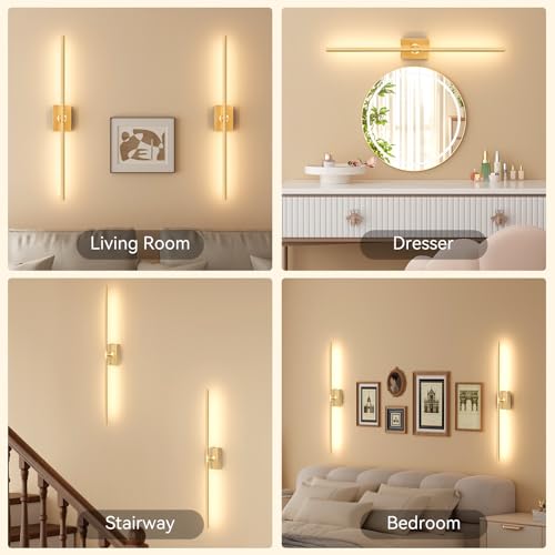 Battery Operated Wall Sconces Set of 2, 10000mAh Wireless Rechargeable 3000-6000K Dimmable 350° Rotate Wall Light with Remote for Living Room, Bedroom 27.6in Gold - color: Gold, size: 27.6in-Square Base
