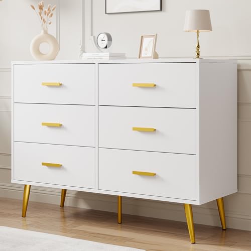 Garvee 6 Drawer Dresser for Bedroom, Modern Chest of Drawers with Gold Handles, Storage Organizer for Bedroom, Living Room, Entryway & Hallway, White - color: White