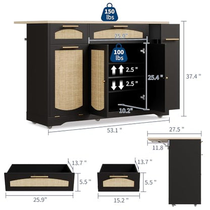 Garvee Rolling Kitchen Island Table on Wheels with Drop Leaf, Tilt Out Trash Can Cabinet, Storage Cabinet, Drawer, Spice Rack, Kitchen Cart, 53.1" Wide, Black - color: Black