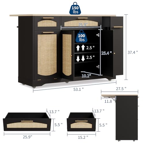 Garvee Rolling Kitchen Island Table on Wheels with Drop Leaf, Tilt Out Trash Can Cabinet, Storage Cabinet, Drawer, Spice Rack, Kitchen Cart, 53.1" Wide, Black - color: Black