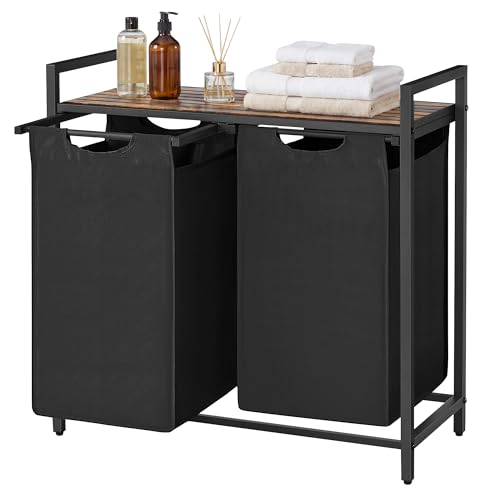SONGMICS HOME Laundry Basket Sorter with Storage Shelf, Laundry Hamper with Metal Frame, 2 x 12.1 Gallons (46 L), Black and Rustic Brown - color: Black + Rustic Brown, size: 2 Bags-92L