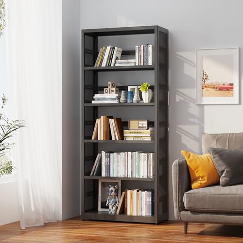 SteeLoong 5 Tier Bookcase, 68" H Metal Bookshelf with 4 Adjustable Shelves | Mobile Bookshelf with Storage,Black Heavy Duty Bookcase with Anti-Tip Safety,Tall Shelves for Living Room,Office,Pantry,Books - color: Black, size: 5-Tier 28"W