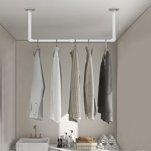 Industrial Iron Pipe Clothes Hanging Bar DIY Wall-Mounted Garment Rack Heavy Duty Clothing Rack for Bedroom, Laundry Room, Closet Storage (White 28 inch) - color: White, size: 28 Inch