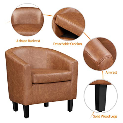 Yaheetech Accent Chairs Set of 2, Faux Leather Barrel Armchairs Brown | Water-resistant Faux Leather Chairs with High-density Foam and Solid Wood Legs for Living Room, Waiting Room, Small Space - color: Brown(faux Leather), style: without Ottoman