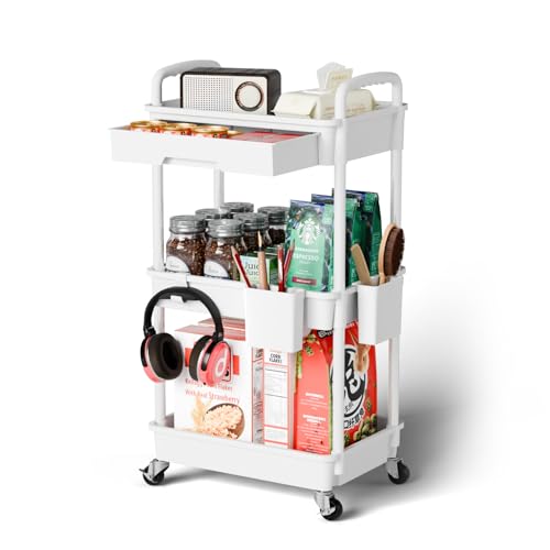 Sorgion 3 Tier Rolling Cart Organizer,Laundry Room Bathroom Organizers and Storage Office Shelves Mobile Shelving Unit Kitchen Trolley Cart with Wheels for Art,Craft,Diaper,Bedside,Snack(White) - size: 3Tier-White