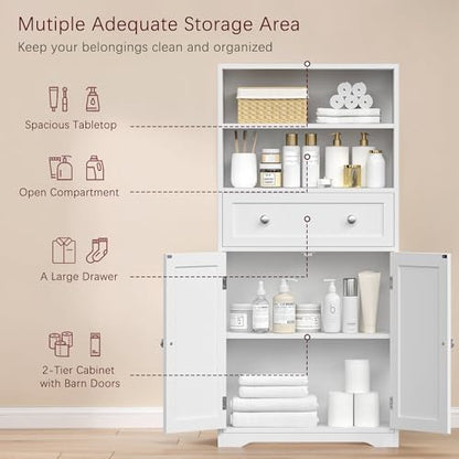 VECELO Bathroom Floor Storage Cabinet with Drawer, Freestanding Storage Unit with Adjustable Shelves, Open Compartments, for Bathroom, Living Room, Kitchen, White
