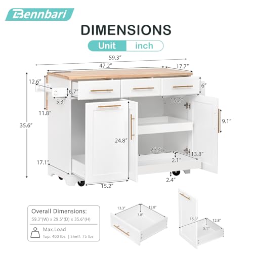 59.3" Rolling Kitchen Island with Trash Can Storage, Mobile Kitchen Storage Island with Drop Leaf, Power Outlet, Pull Out Cabinet Organizer (White) - color: White