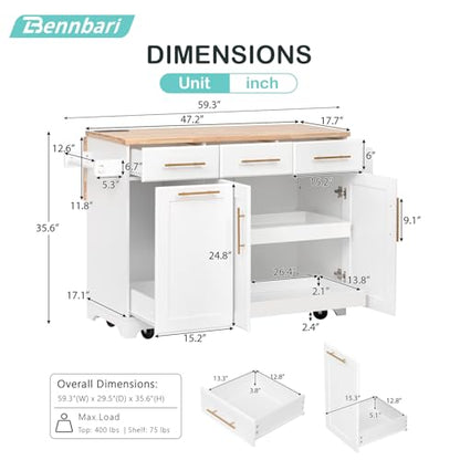 59.3" Rolling Kitchen Island with Trash Can Storage, Mobile Kitchen Storage Island with Drop Leaf, Power Outlet, Pull Out Cabinet Organizer (White) - color: White