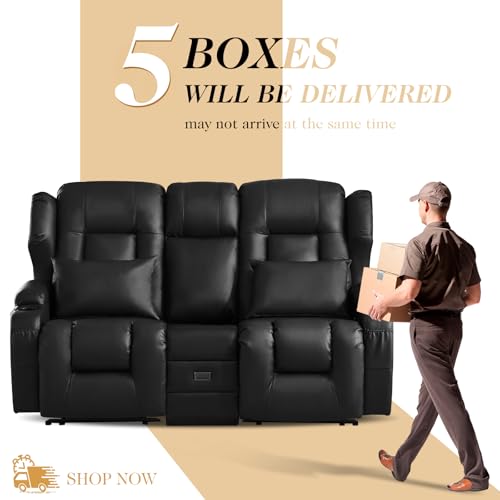 Loveseat Recliner Sofa,RV Wall Hugger Recliners with Flip-up Console,Reclining Loveseat Sofa Recliner with Cup Holders/Lumbar Pillows for Small Spaces,RV Furniture (Black,68" 2-Seater) - color: Black, size: 68" 2-Seater