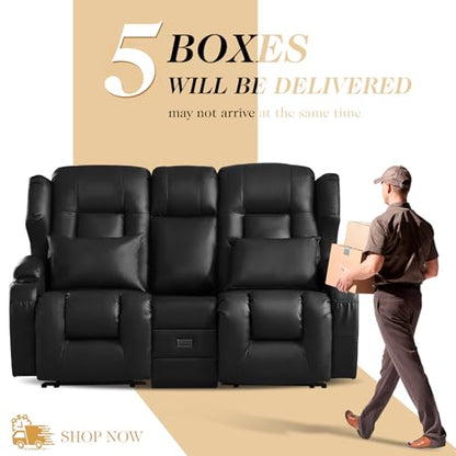 Loveseat Recliner Sofa,RV Wall Hugger Recliners with Flip-up Console,Reclining Loveseat Sofa Recliner with Cup Holders/Lumbar Pillows for Small Spaces,RV Furniture (Black,68" 2-Seater) - color: Black, size: 68" 2-Seater